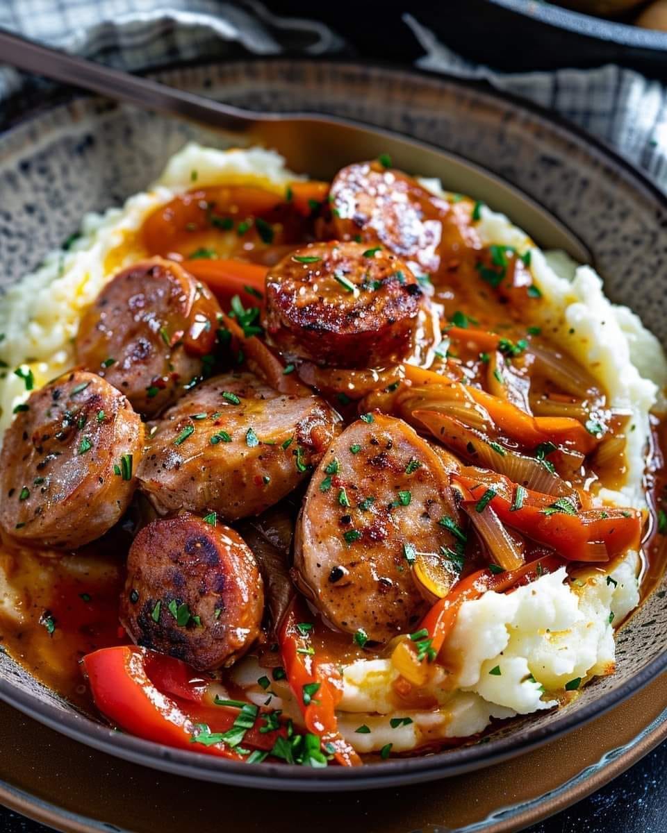 Rustic Italian Sausage With Peppers And Onions Over Garlic Mashed Potatoes