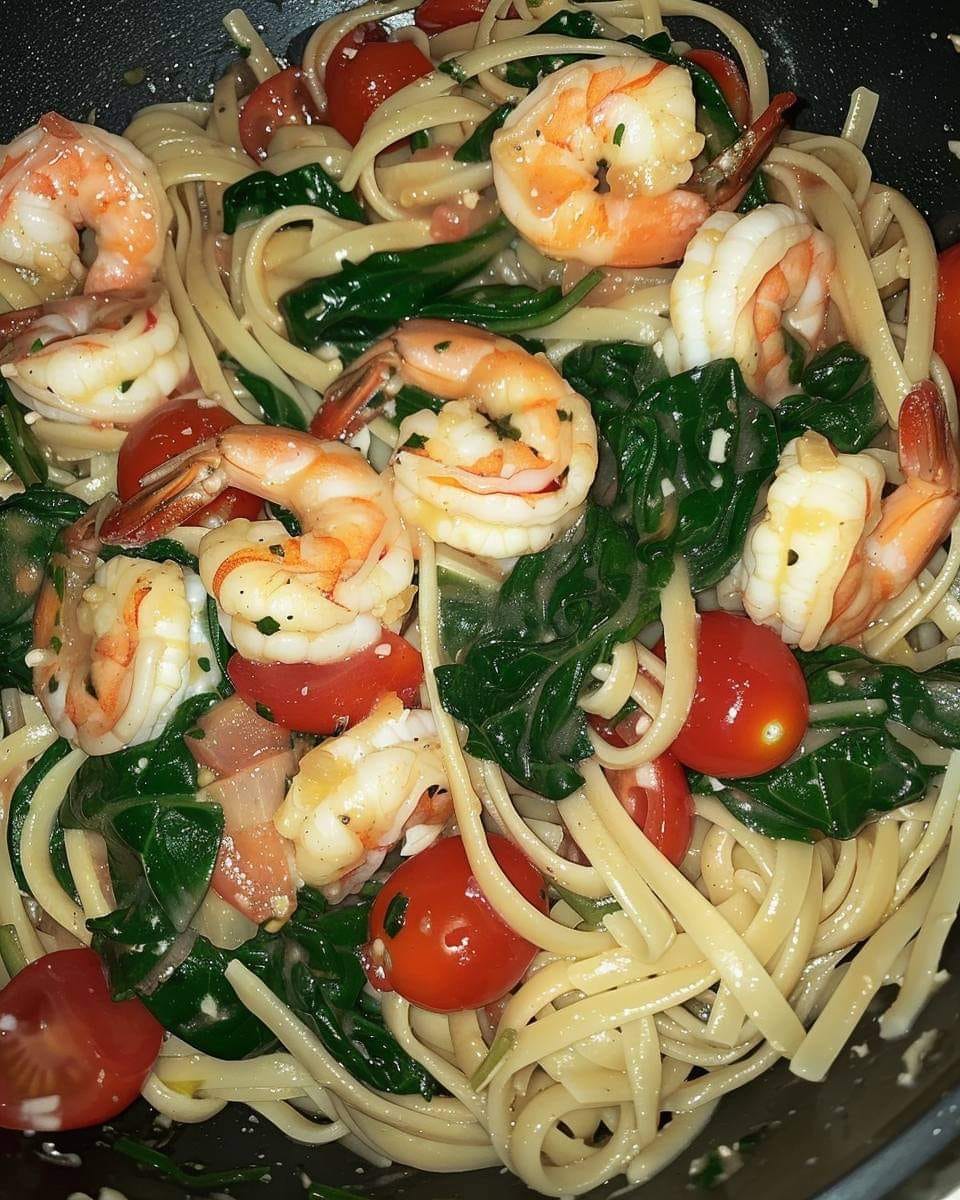 Scrumptious Shrimp Tomato Spinach Pasta In Garlic Butter Sauce