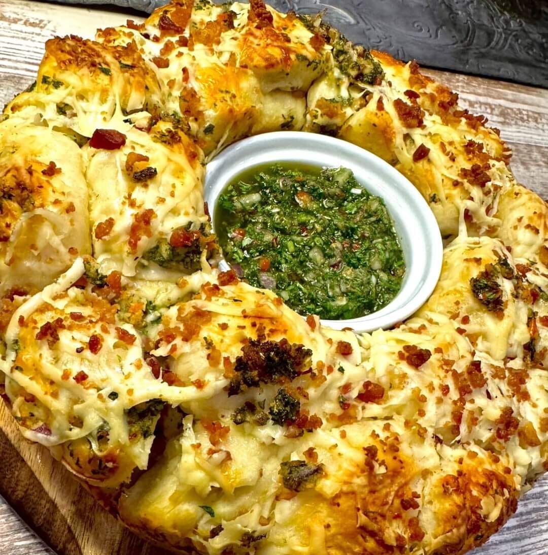 Bacon Chimichurri Pull Apart Bread With Asiago And Mozzarella Cheese