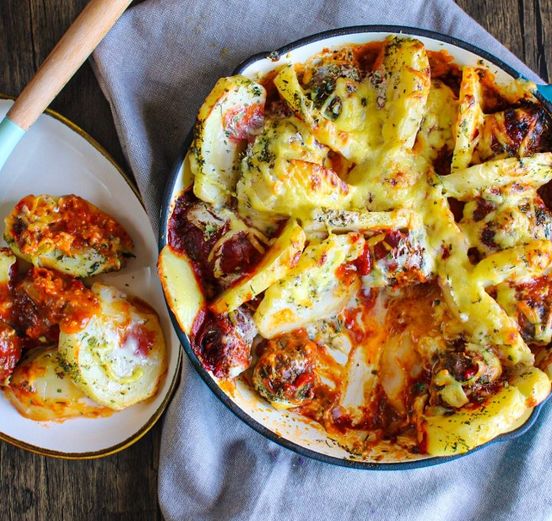 Cheesy Meatball Topped Potatoes, A Comforting Dish With A Crispy Golden Crust!