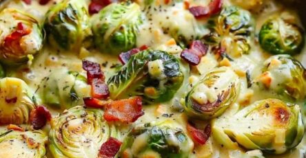 Creamy Garlic Parmesan Brussels Sprouts With Bacon