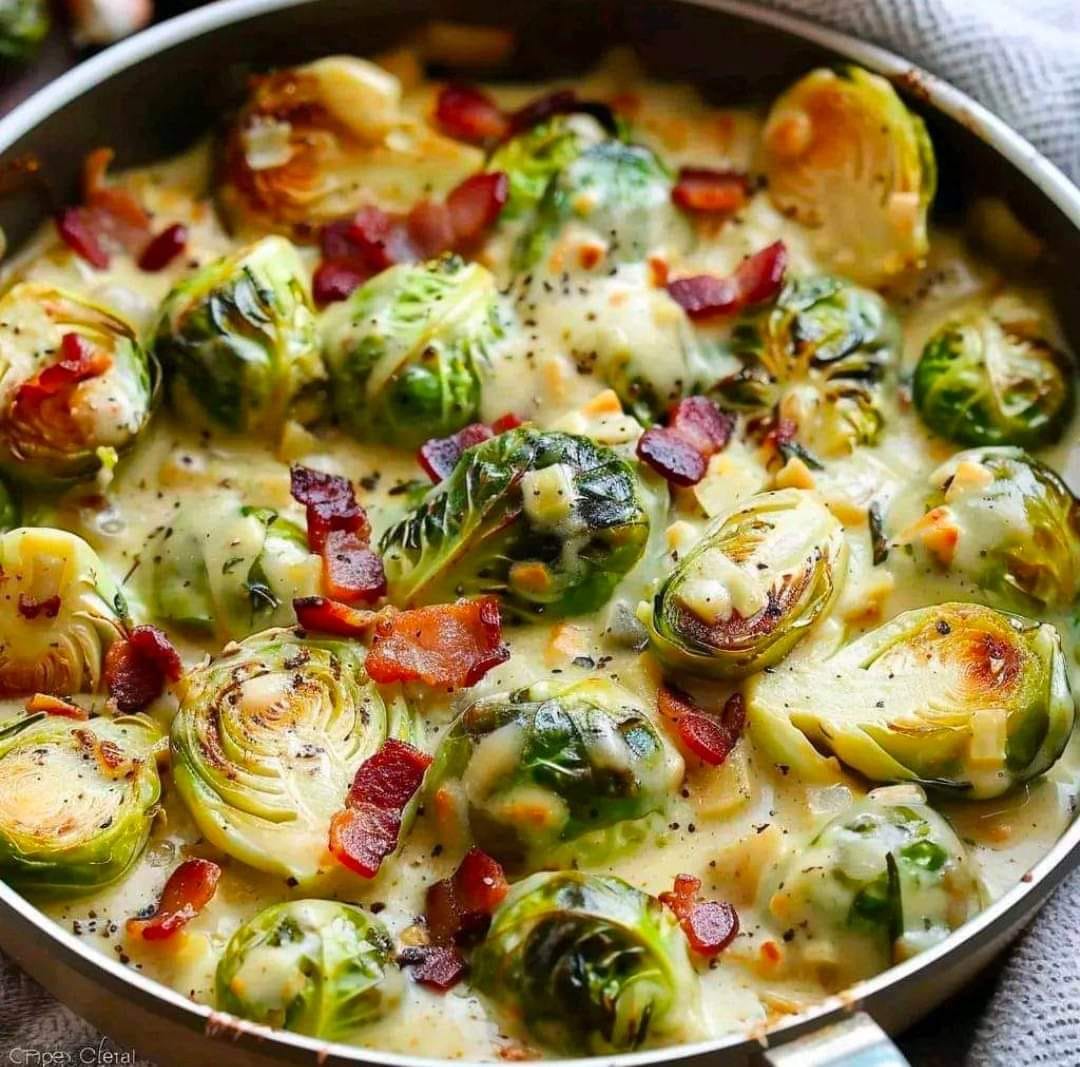 Creamy Garlic Parmesan Brussels Sprouts With Bacon