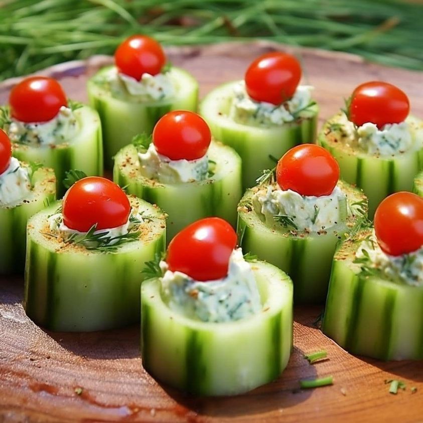 Cucumber Bites With Herb Cream Cheese And Cherry Tomatoes