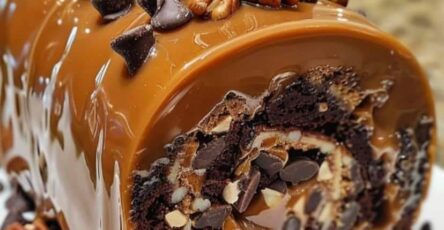 Gooey Chocolate Caramel Turtle Cake Roll