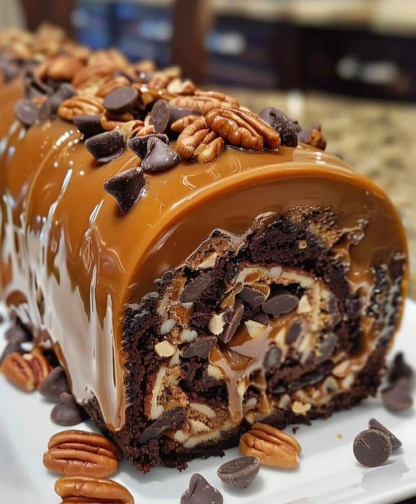 Gooey Chocolate Caramel Turtle Cake Roll
