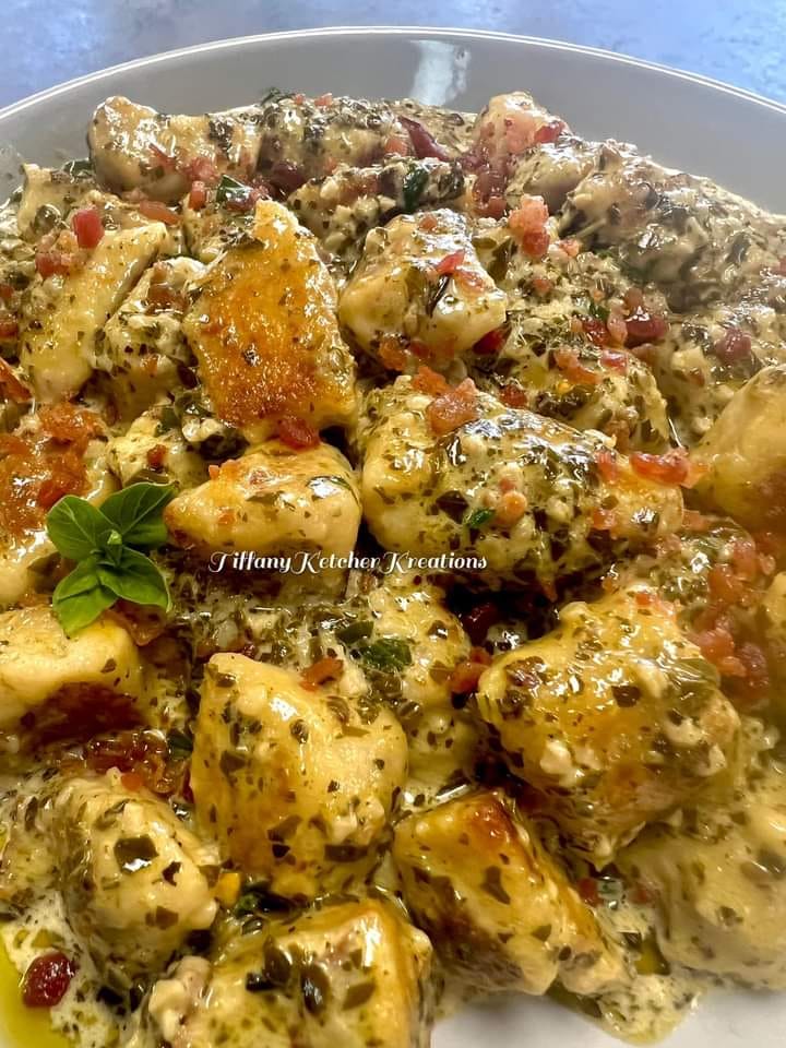 Homemade Gnocchi In A Creamy Bacon Pesto Sauce