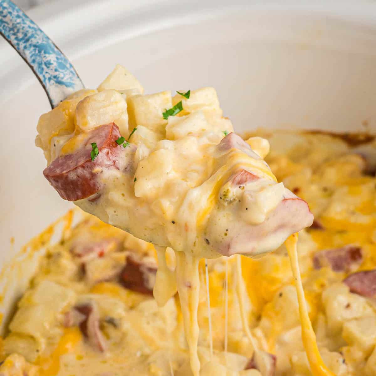Slow Cooker Cheesy Kielbasa Hashbrown Casserole