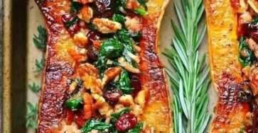 Stuffed Butternut Squash With Sausage, Spinach, Pecans, And Cranberries. Perfect For Larger Squashes!