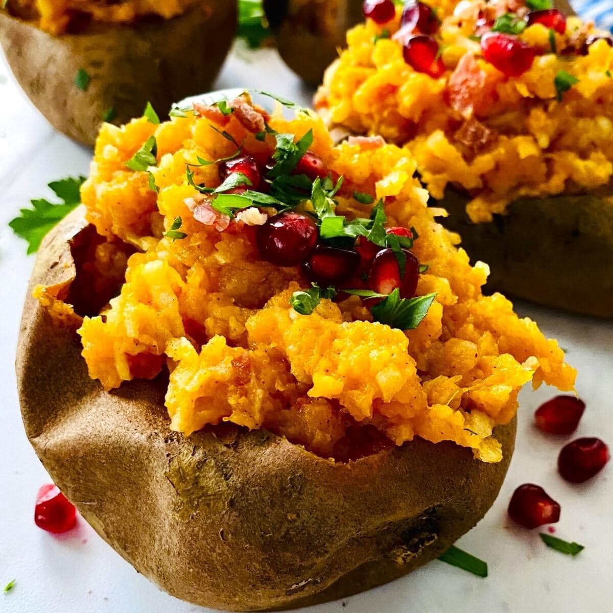 Apple And Bacon Stuffed Sweet Potatoes With Pomegranate