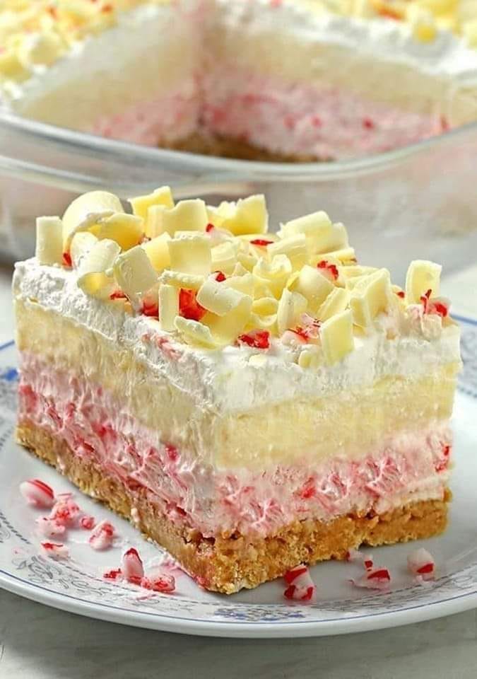 No bake white chocolate peppermint lasagna