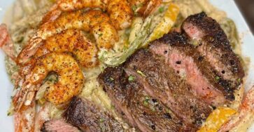 Steak and shrimp jerk pasta