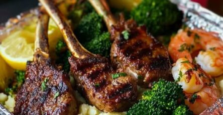 Grilled lamb chops and shrimp with mashed potatoes and steamed broccoli