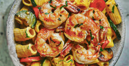 Squash and lemon garlic shrimp pasta