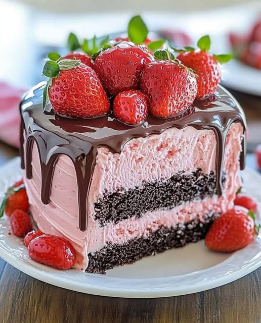 Decadent strawberry chocolate fantasy ice cream cake