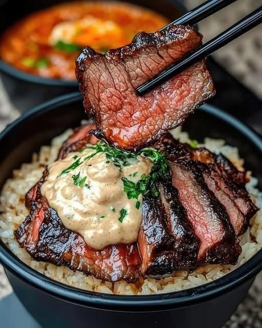 Korean bbq steak bowls with creamy sauce